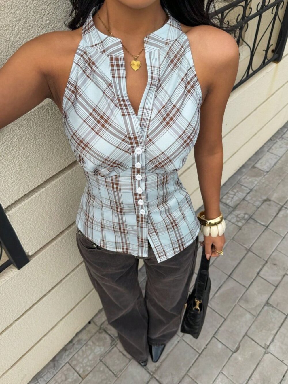 Blue Elegant Casual Women's Plaid Sleeveless Button-Up Blouse